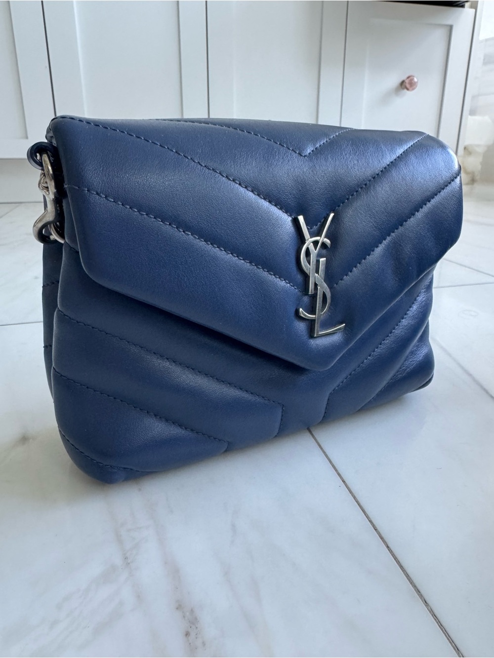 Saint Laurent Blue Quilted Chevron Shoulder Bag with Silver YSL